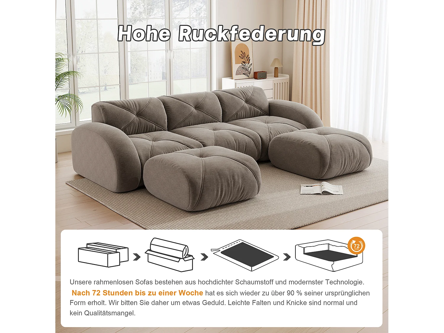 Canapé d'Angle Modulaire 3 Places avec 2 Poufs en Chenille, Design Minimaliste sans Cadre, Assise Profonde et Flexible - Marron