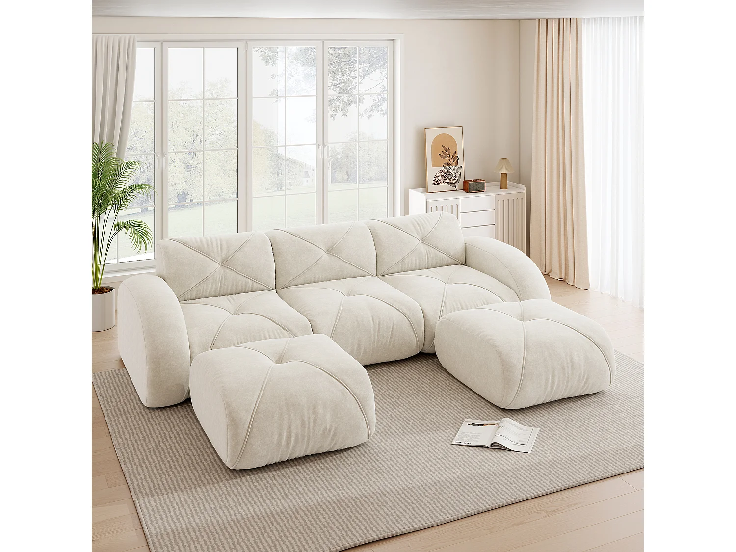 Canapé d'Angle Modulaire 3 Places avec 2 Poufs en Chenille, Design Minimaliste sans Cadre, Assise Profonde et Flexible - Blanc