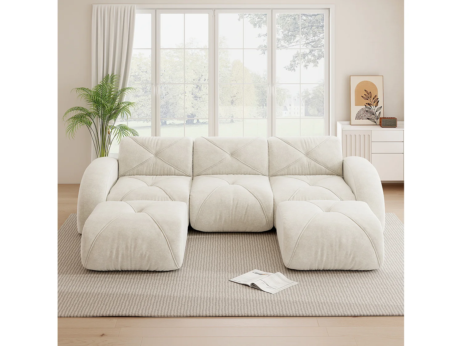 Canapé d'Angle Modulaire 3 Places avec 2 Poufs en Chenille, Design Minimaliste sans Cadre, Assise Profonde et Flexible - Blanc