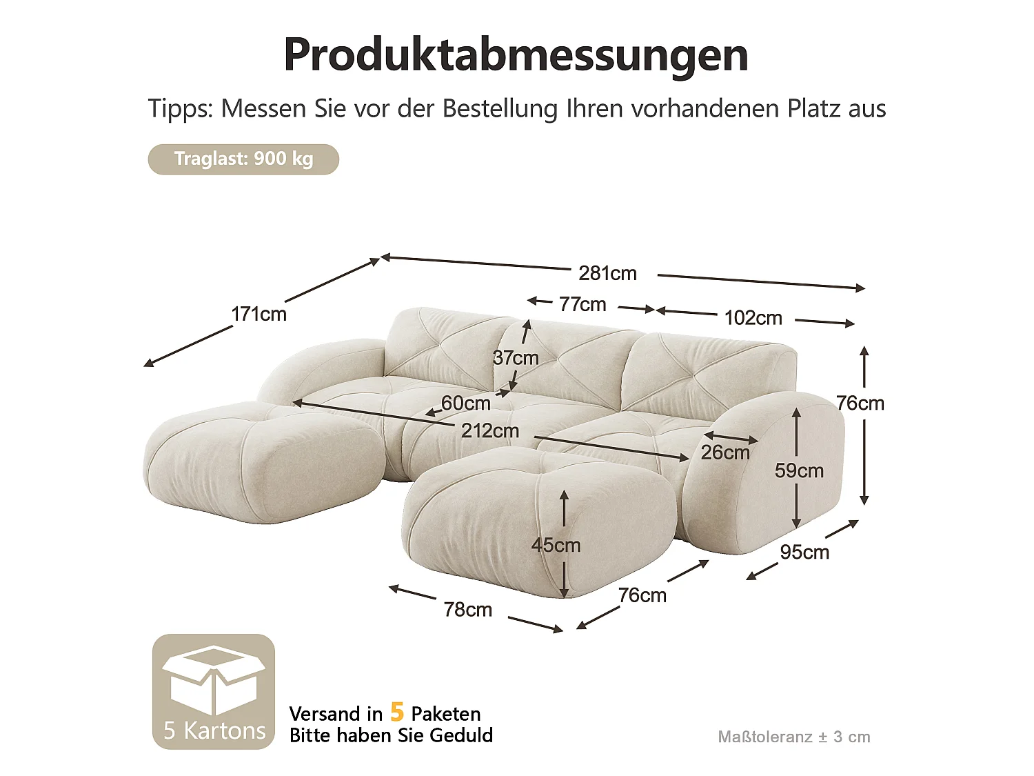 Canapé d'Angle Modulaire 3 Places avec 2 Poufs en Chenille, Design Minimaliste sans Cadre, Assise Profonde et Flexible - Blanc