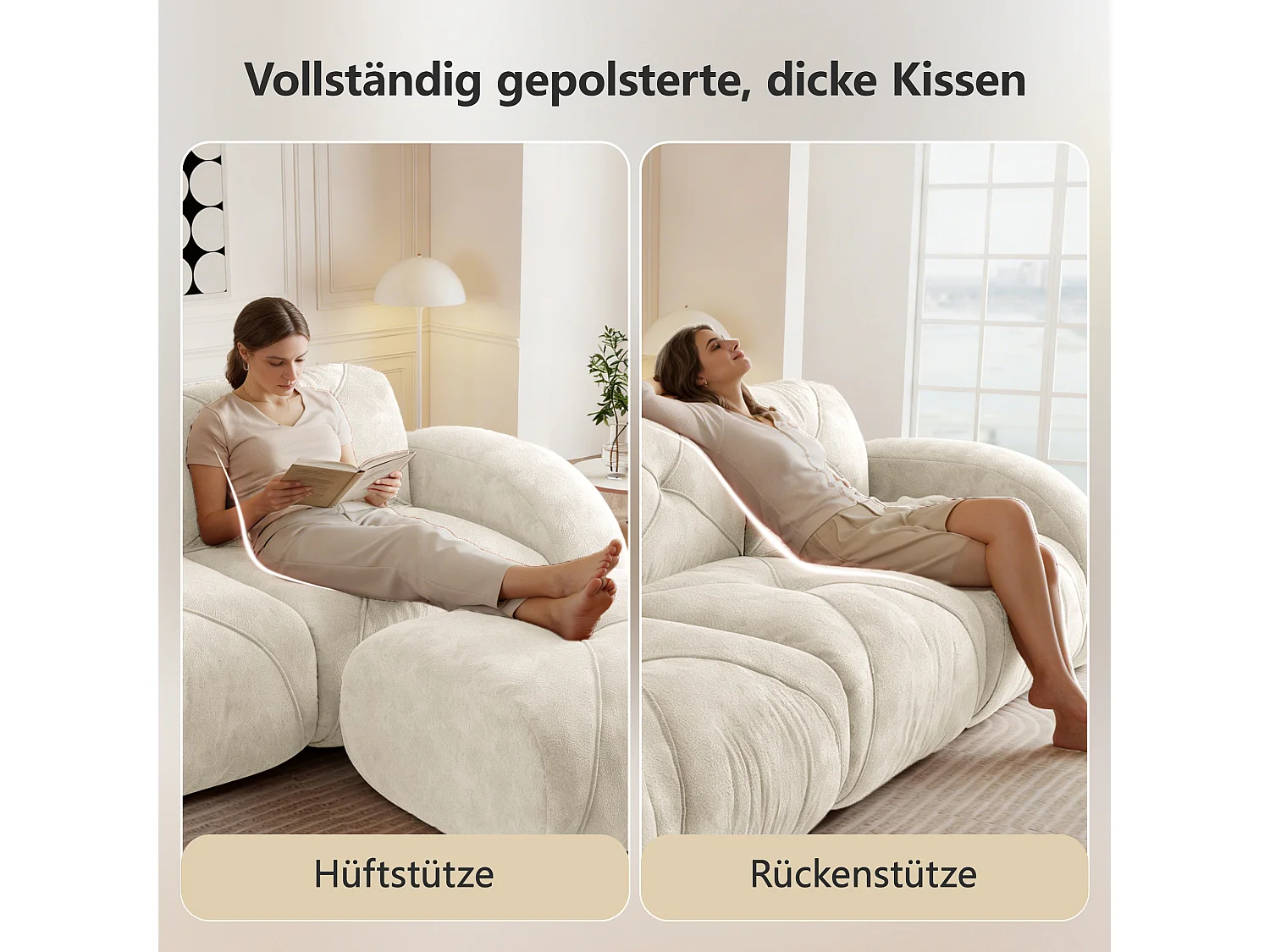 Canapé d'Angle Modulaire 3 Places avec 2 Poufs en Chenille, Design Minimaliste sans Cadre, Assise Profonde et Flexible - Blanc