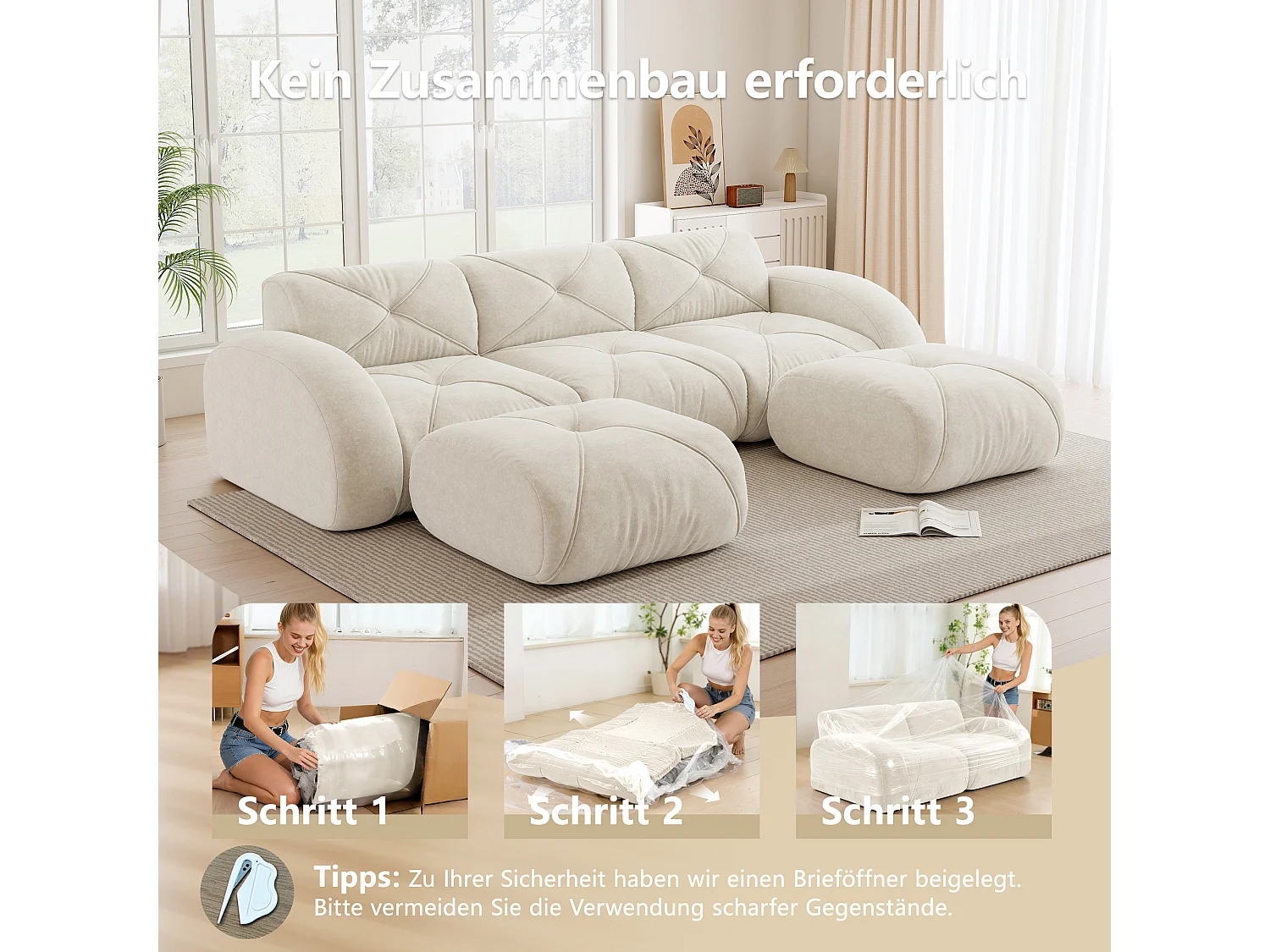 Canapé d'Angle Modulaire 3 Places avec 2 Poufs en Chenille, Design Minimaliste sans Cadre, Assise Profonde et Flexible - Blanc