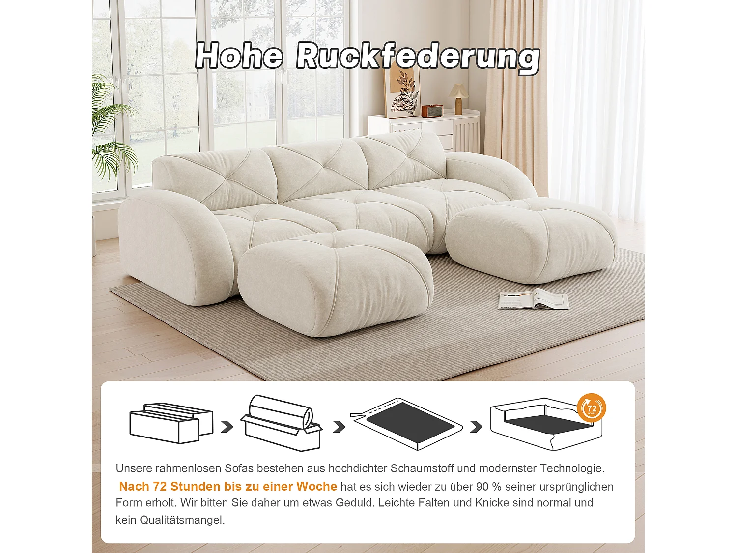 Canapé d'Angle Modulaire 3 Places avec 2 Poufs en Chenille, Design Minimaliste sans Cadre, Assise Profonde et Flexible - Blanc