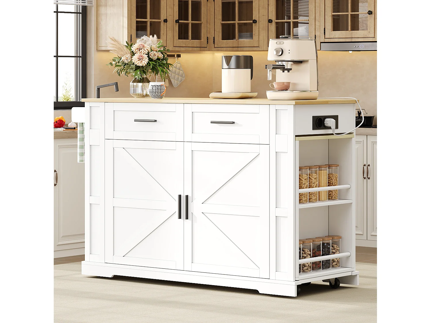 Îlot central de cuisine mobile - table à manger extensible - avec 2 portes et 2 tiroirs - avec prise de courant et 7 roulettes - Blanc