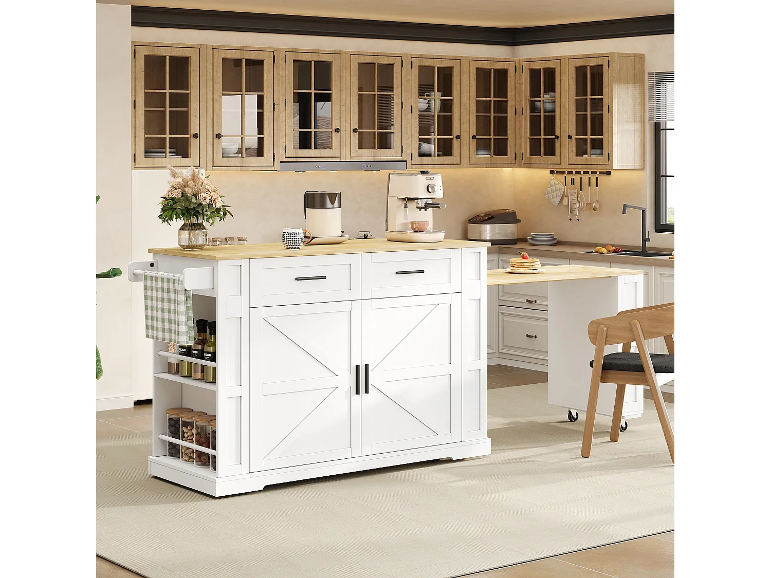 Îlot central de cuisine mobile - table à manger extensible - avec 2 portes et 2 tiroirs - avec prise de courant et 7 roulettes - Blanc