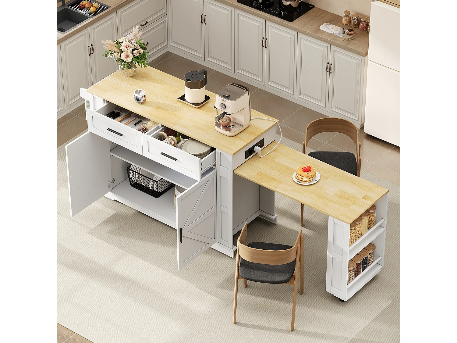 Îlot central de cuisine mobile - table à manger extensible - avec 2 portes et 2 tiroirs - avec prise de courant et 7 roulettes - Blanc