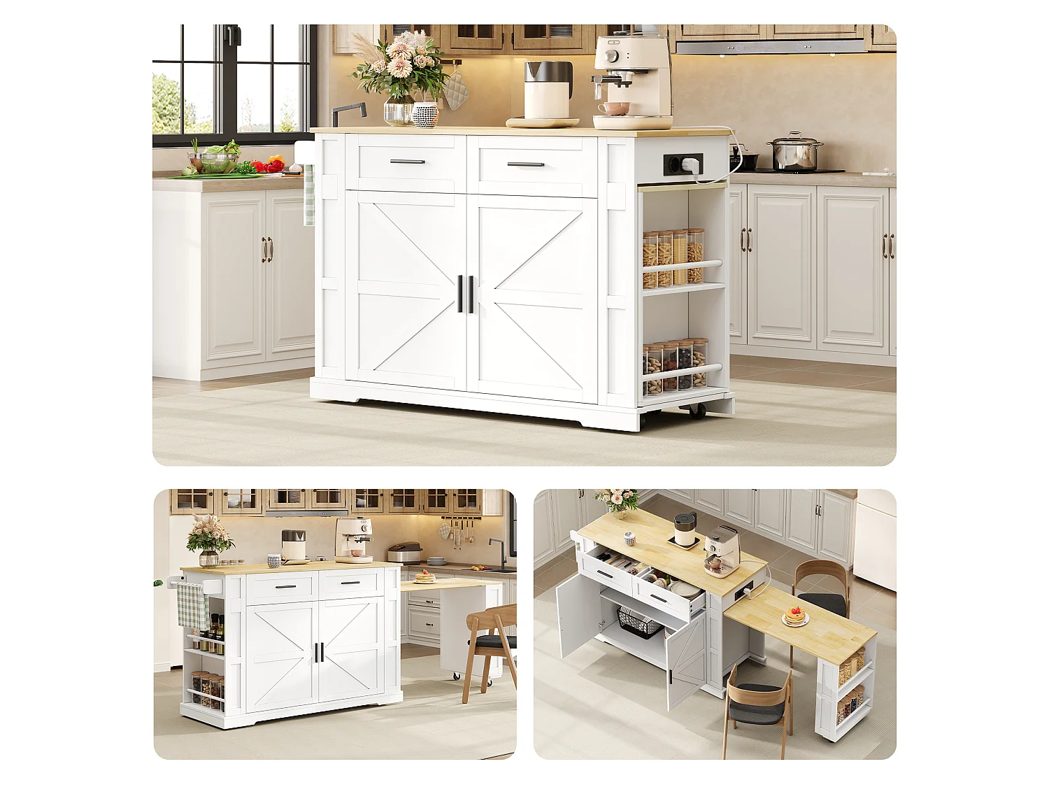 Îlot central de cuisine mobile - table à manger extensible - avec 2 portes et 2 tiroirs - avec prise de courant et 7 roulettes - Blanc