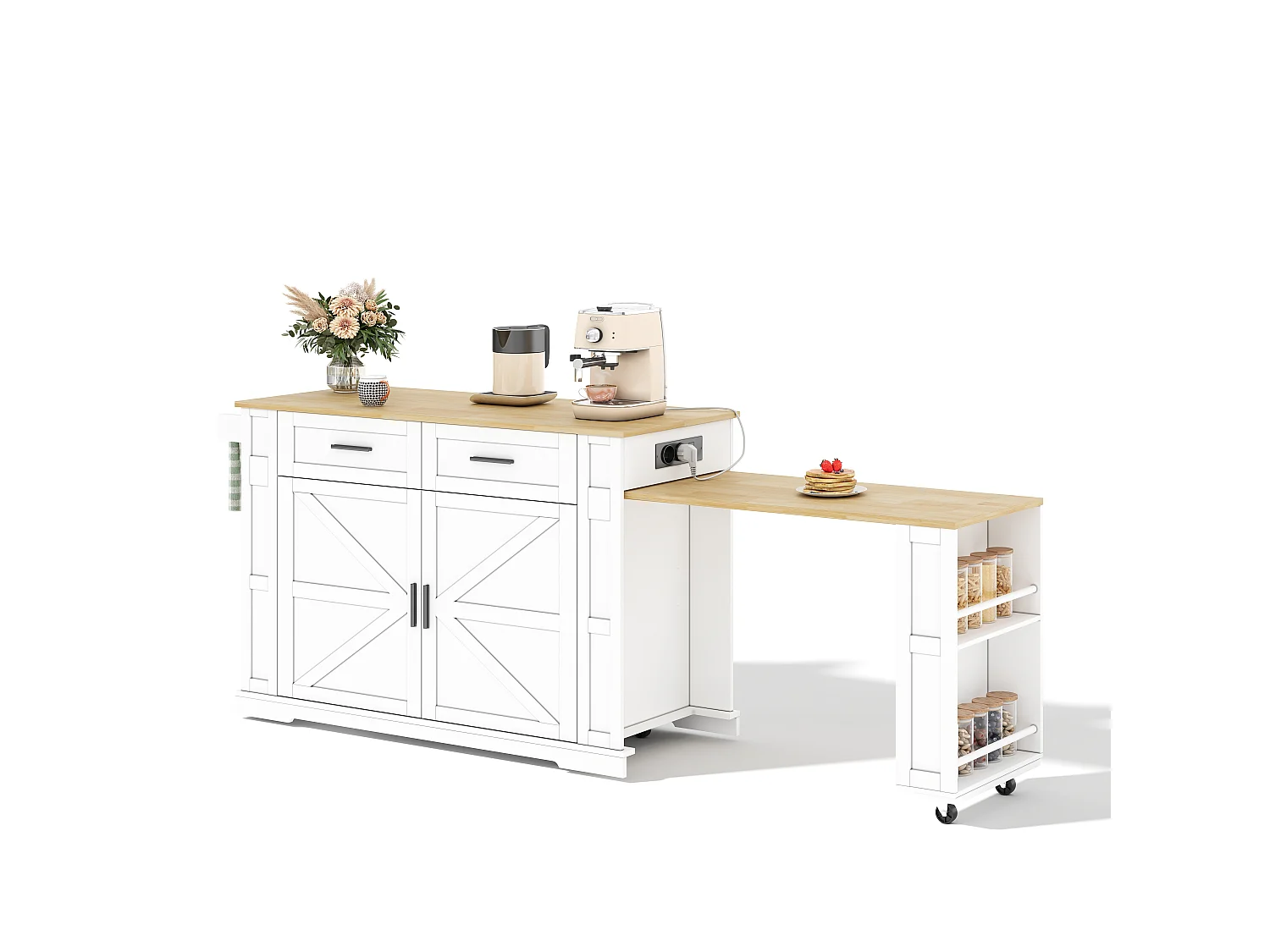 Îlot central de cuisine mobile - table à manger extensible - avec 2 portes et 2 tiroirs - avec prise de courant et 7 roulettes - Blanc