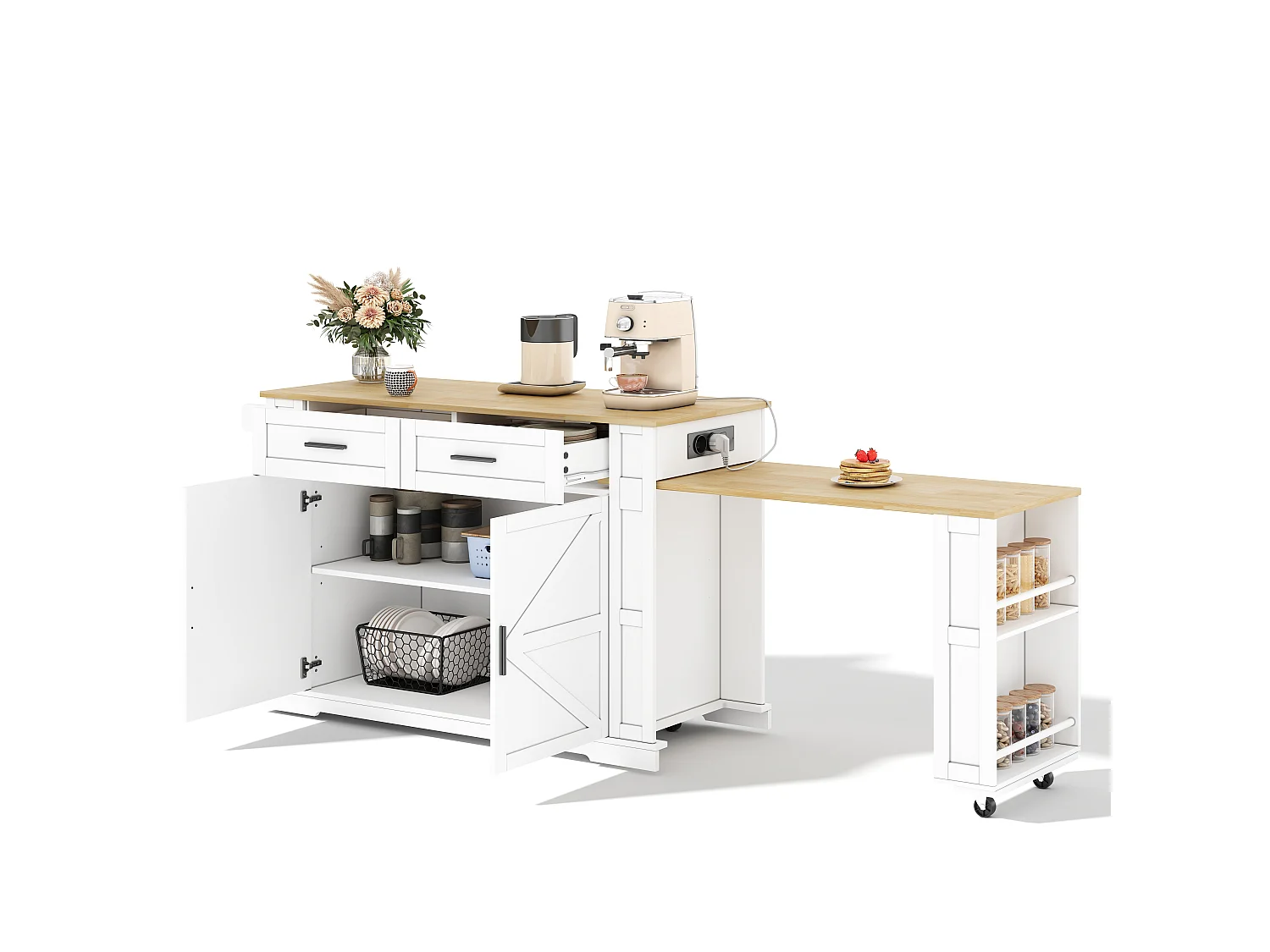 Îlot central de cuisine mobile - table à manger extensible - avec 2 portes et 2 tiroirs - avec prise de courant et 7 roulettes - Blanc