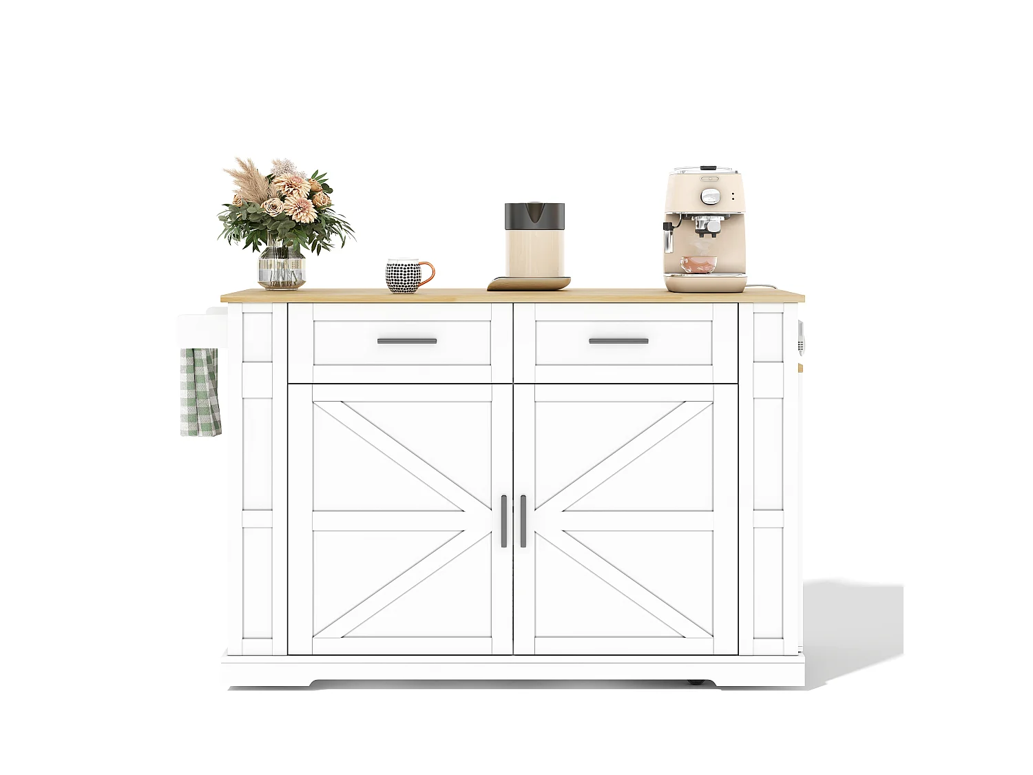 Îlot central de cuisine mobile - table à manger extensible - avec 2 portes et 2 tiroirs - avec prise de courant et 7 roulettes - Blanc