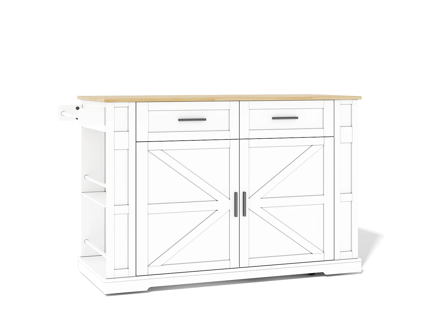 Îlot central de cuisine mobile - table à manger extensible - avec 2 portes et 2 tiroirs - avec prise de courant et 7 roulettes - Blanc