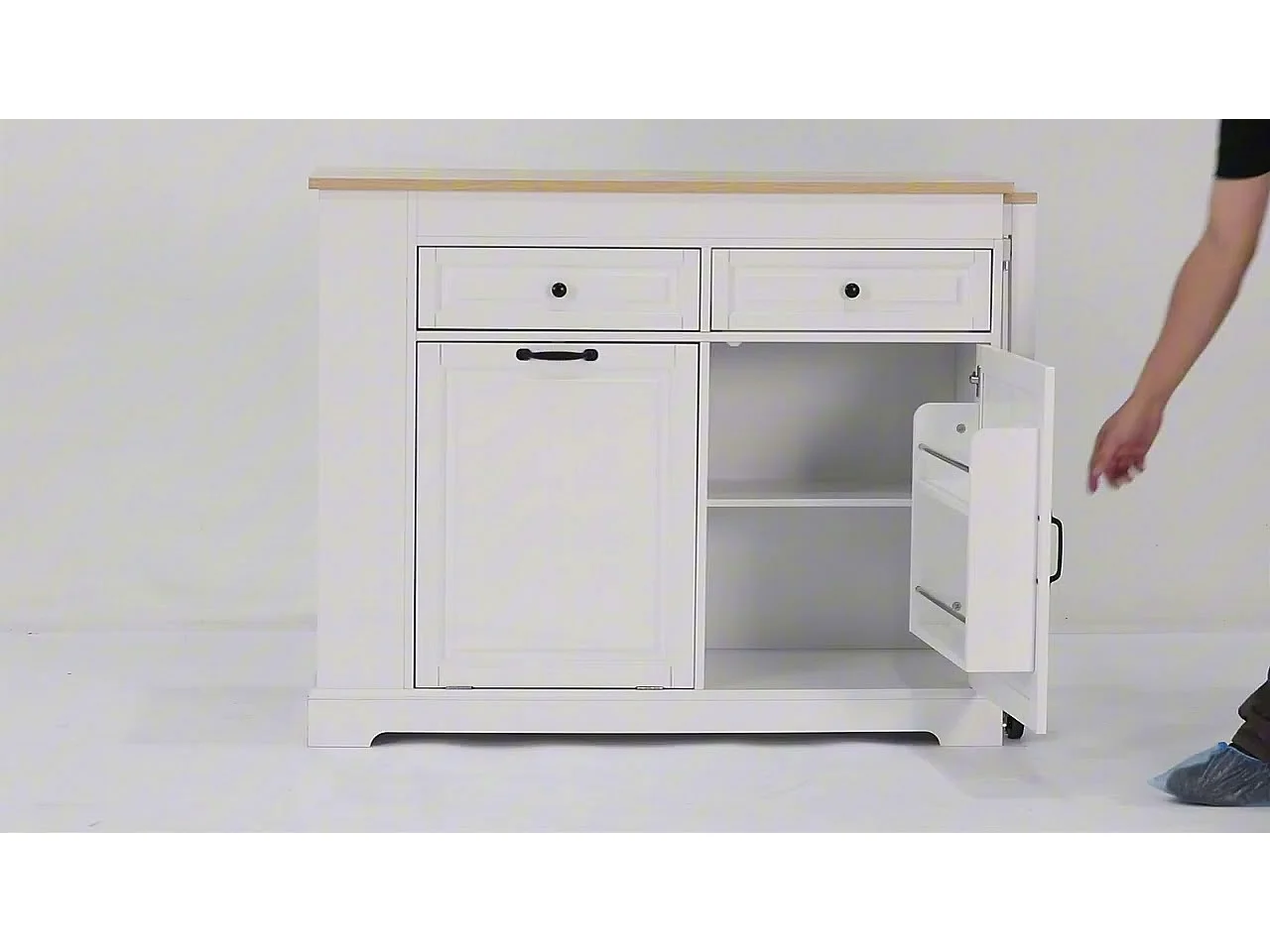 Îlot central de cuisine - table à manger extensible - avec armoire à poubelle et tiroirs - avec roulettes et espace de rangement - Gris