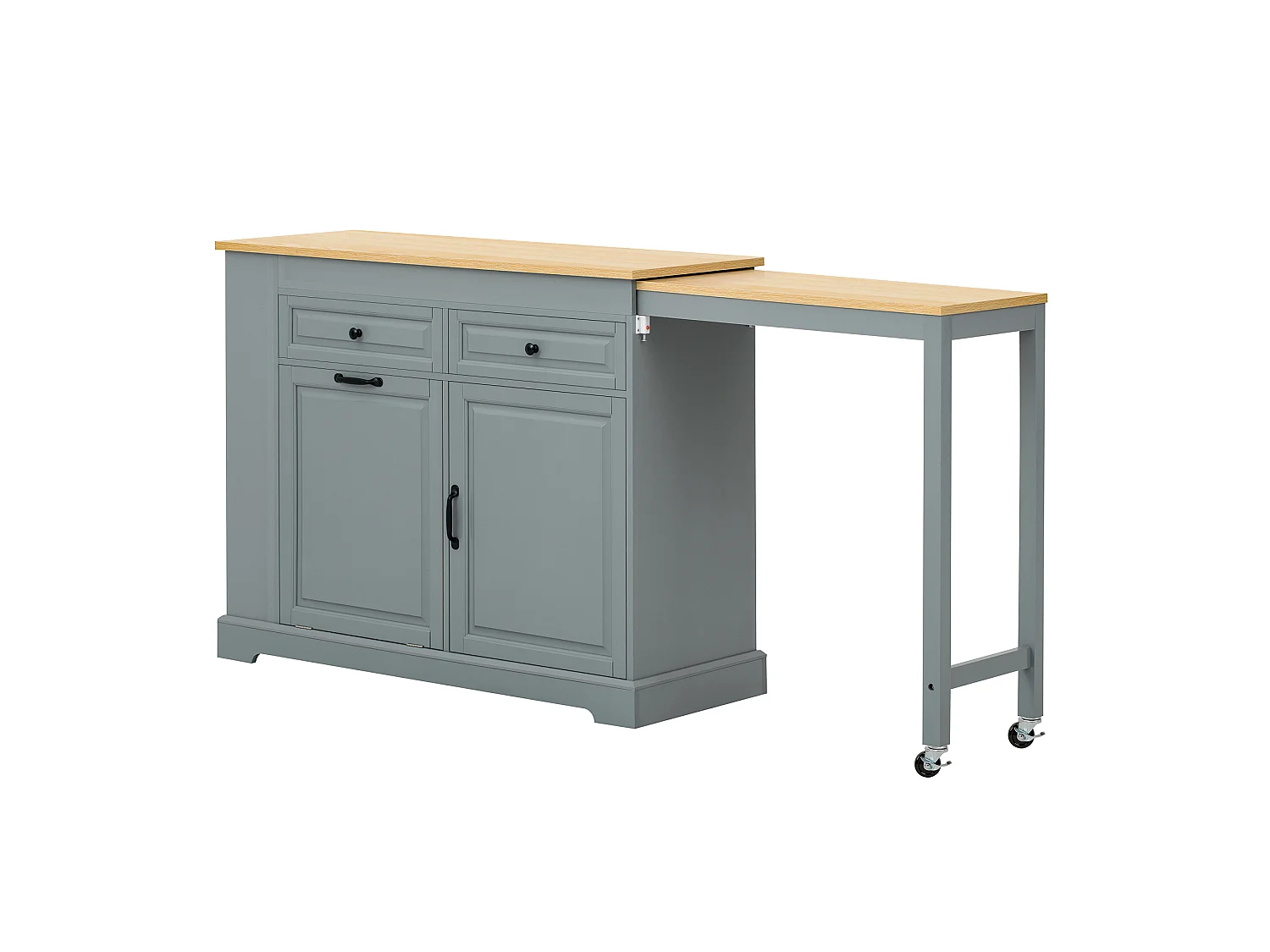 Îlot central de cuisine - table à manger extensible - avec armoire à poubelle et tiroirs - avec roulettes et espace de rangement - Gris