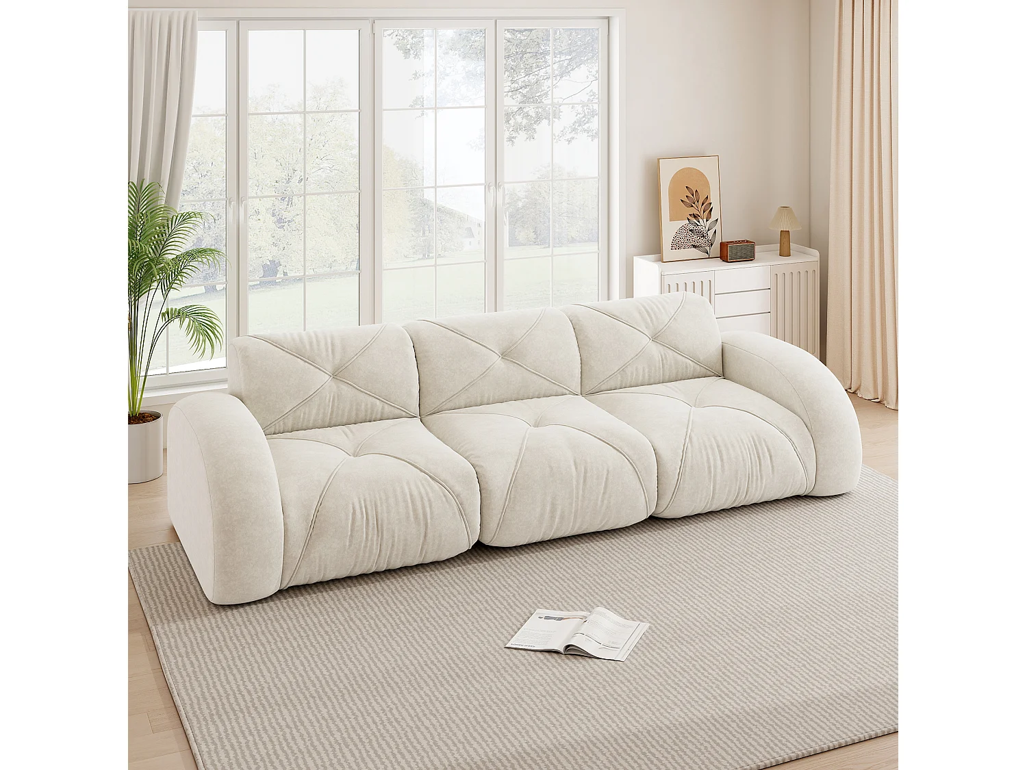 Canapé 3 Places Modulaire en Chenille, Design Minimaliste sans Cadre, Assise Profonde et Confortable - Blanc