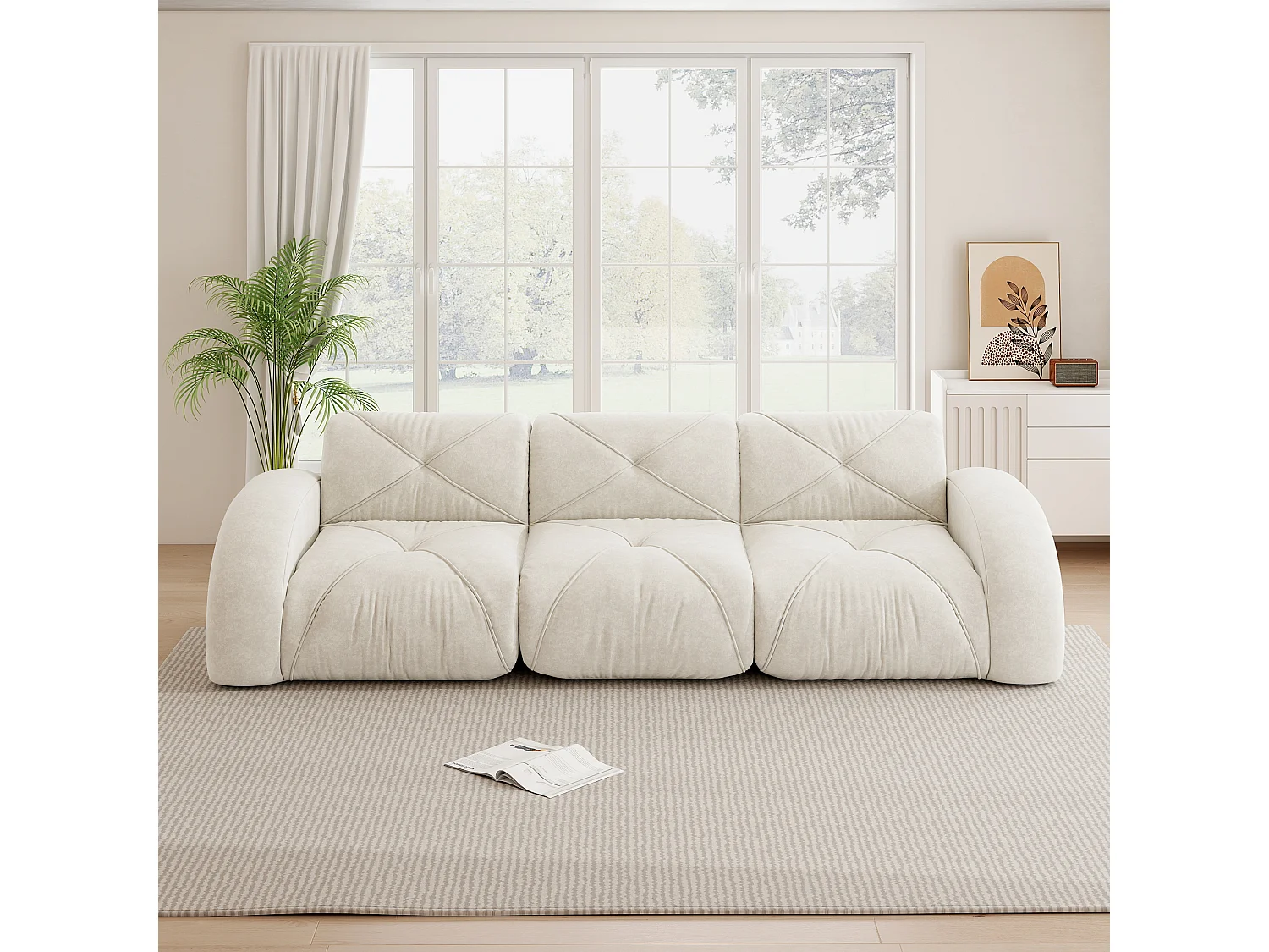 Canapé 3 Places Modulaire en Chenille, Design Minimaliste sans Cadre, Assise Profonde et Confortable - Blanc