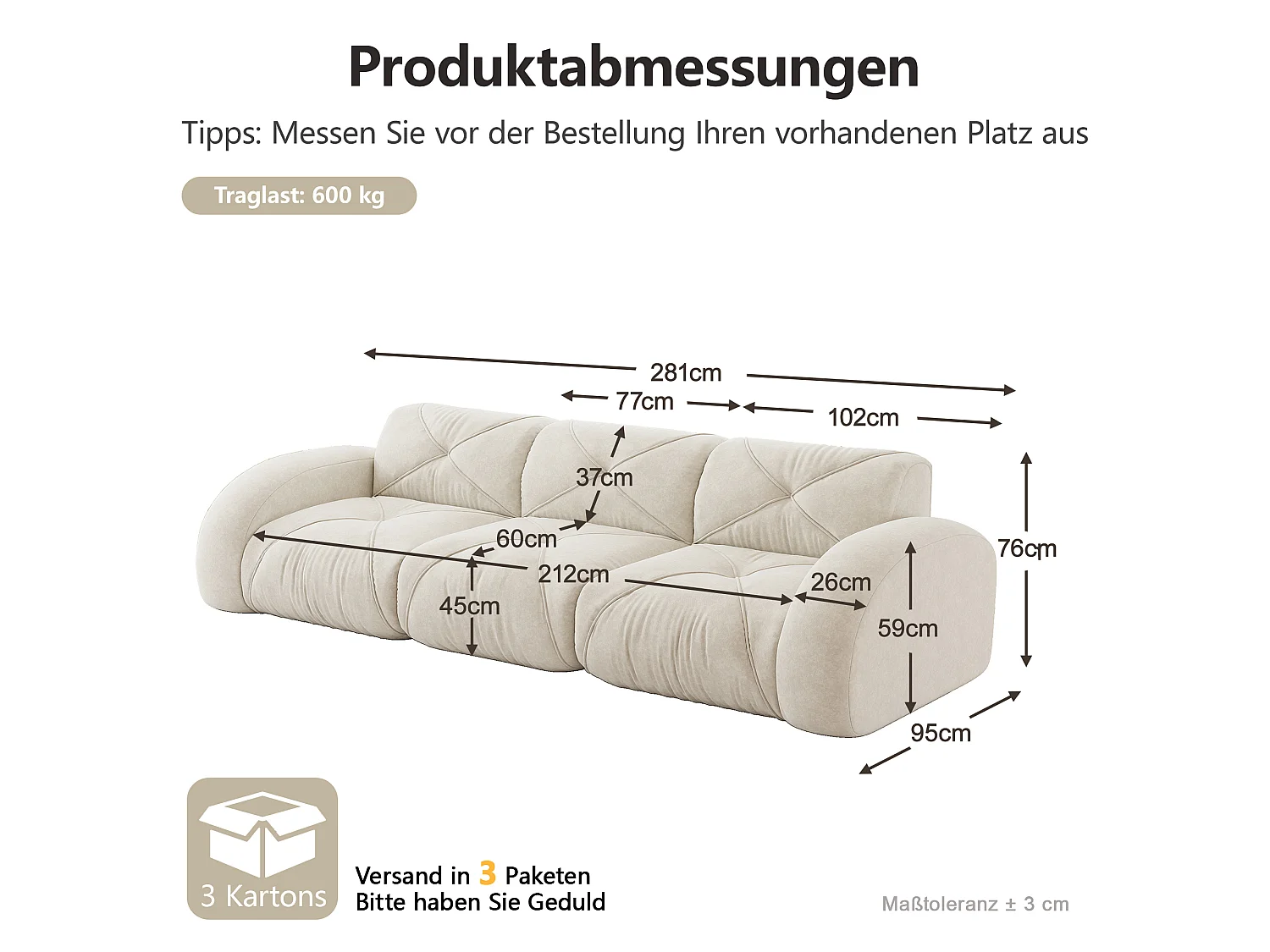 Canapé 3 Places Modulaire en Chenille, Design Minimaliste sans Cadre, Assise Profonde et Confortable - Blanc