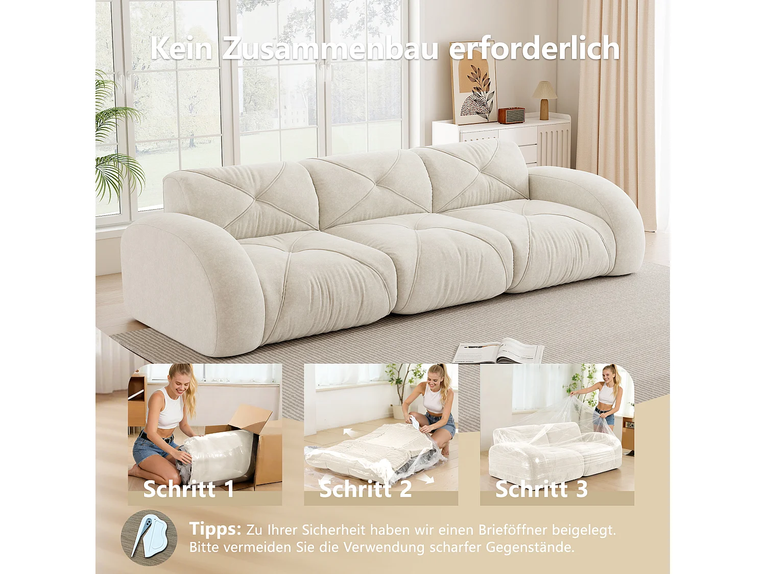 Canapé 3 Places Modulaire en Chenille, Design Minimaliste sans Cadre, Assise Profonde et Confortable - Blanc