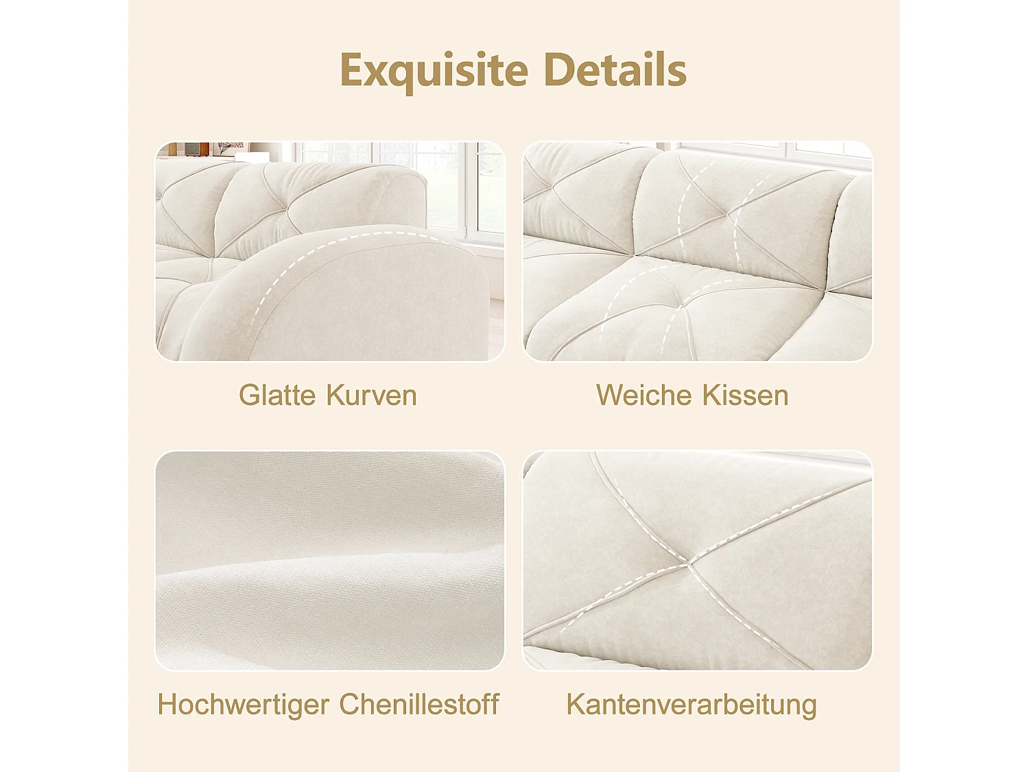 Canapé 3 Places Modulaire en Chenille, Design Minimaliste sans Cadre, Assise Profonde et Confortable - Blanc