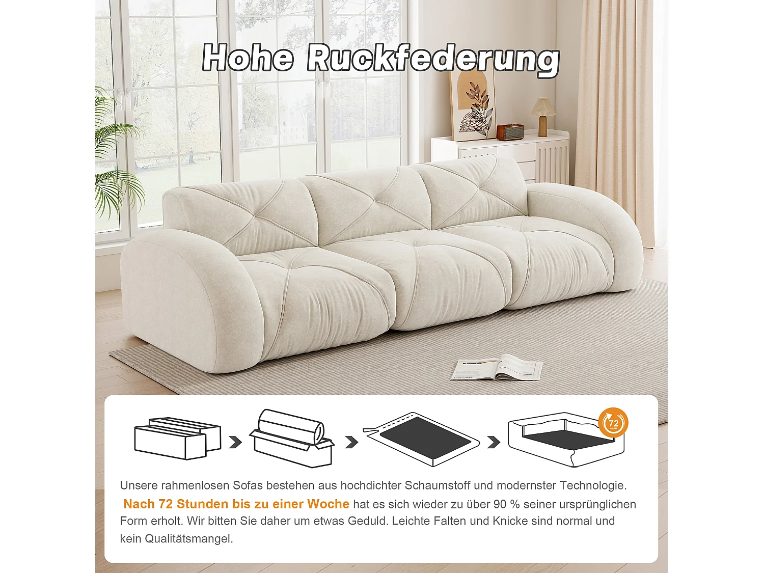 Canapé 3 Places Modulaire en Chenille, Design Minimaliste sans Cadre, Assise Profonde et Confortable - Blanc