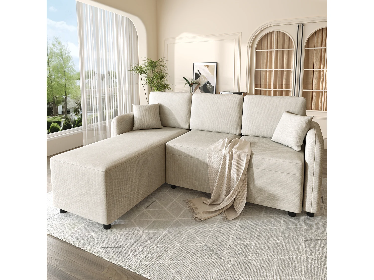 Divano angolare a L 3 posti - con penisola (144 cm) - con 2 cuscini - Tessuto ciniglia + schiuma - Beige chiaro