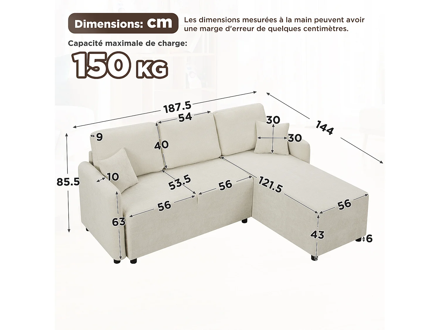 Divano angolare a L 3 posti - con penisola (144 cm) - con 2 cuscini - Tessuto ciniglia + schiuma - Beige chiaro