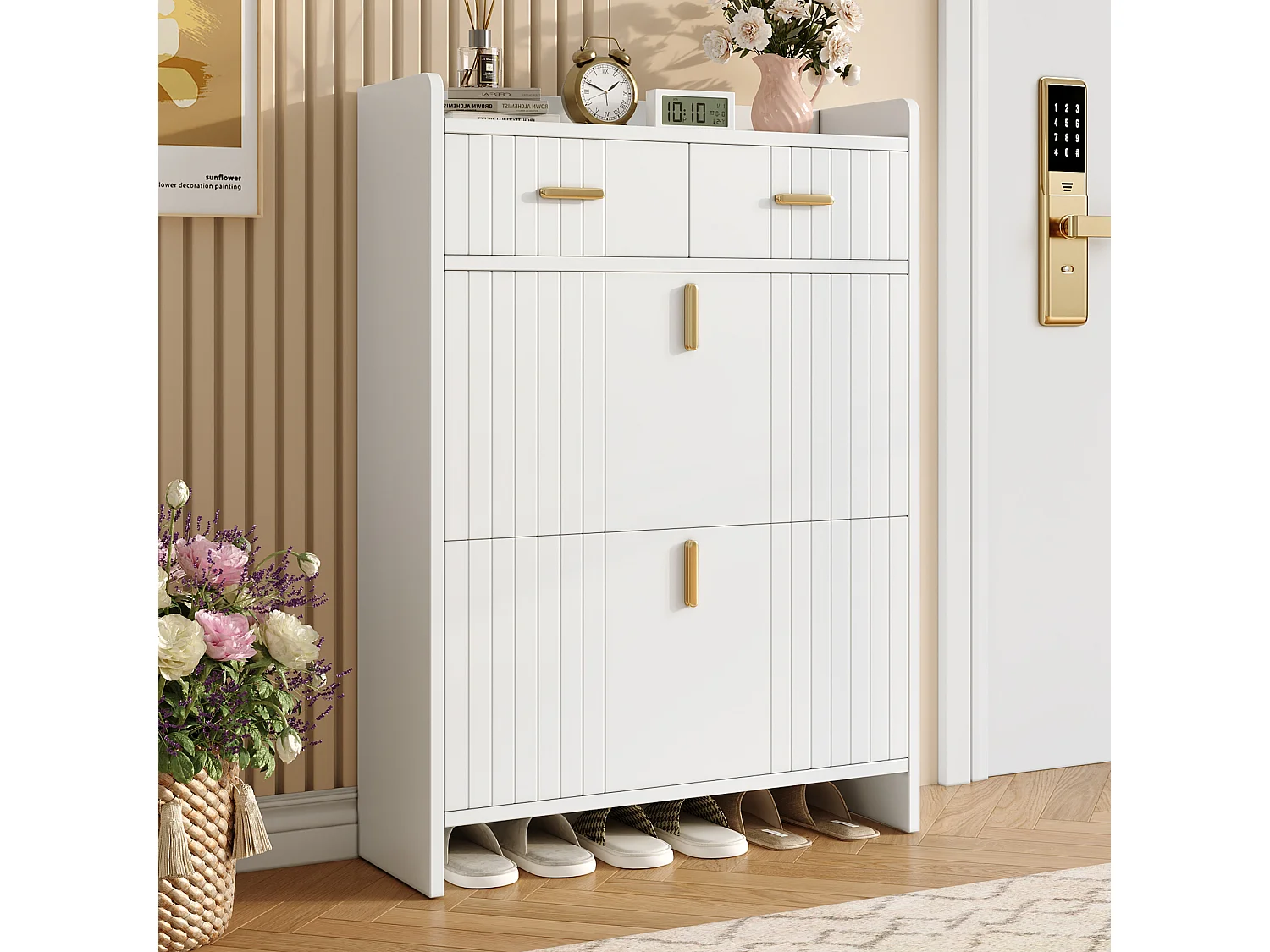 Moderner Schuhschrank 75x24x109,5cm - mit 2 Schubladen und 2 Klapptüren - offene Regale - Weiß