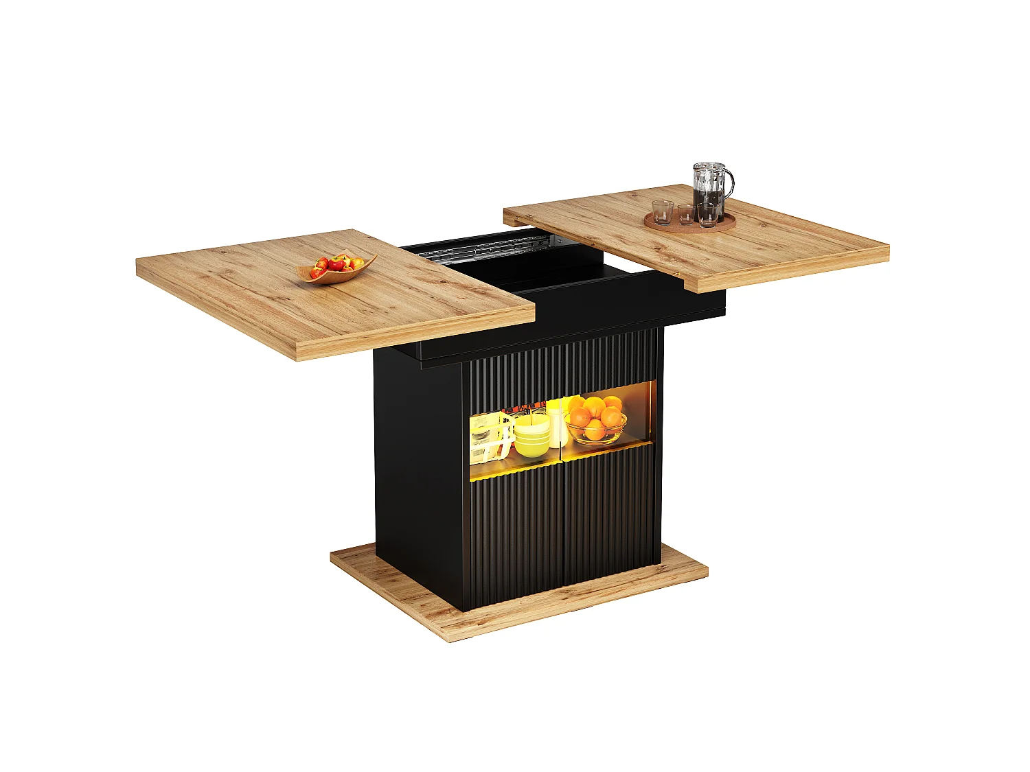 Table de Salle à Manger Extensible 110-140cm - Îlot de Cuisine avec Rangement, Éclairage LED Intégré, Design Cannelé, MDF - Noir & Bois