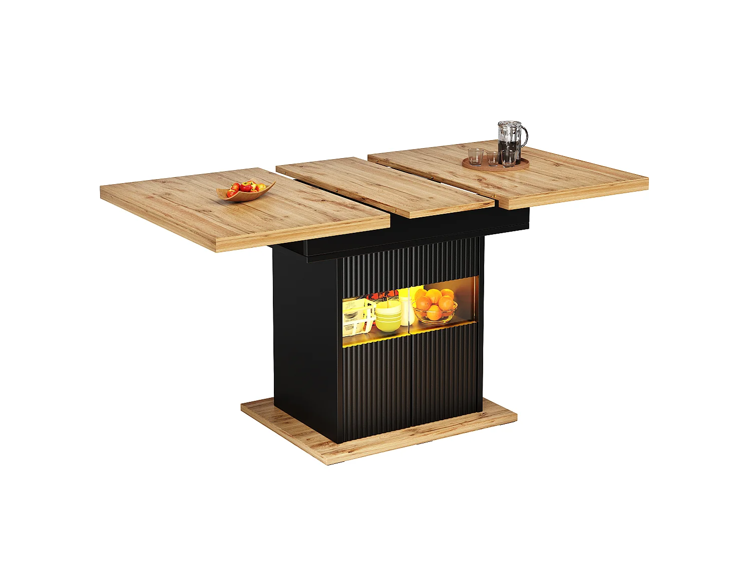 Table de Salle à Manger Extensible 110-140cm - Îlot de Cuisine avec Rangement, Éclairage LED Intégré, Design Cannelé, MDF - Noir & Bois