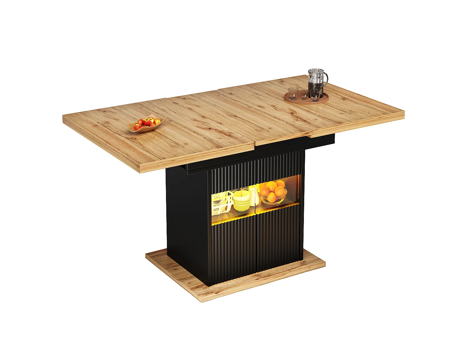 Table de Salle à Manger Extensible 110-140cm - Îlot de Cuisine avec Rangement, Éclairage LED Intégré, Design Cannelé, MDF - Noir & Bois