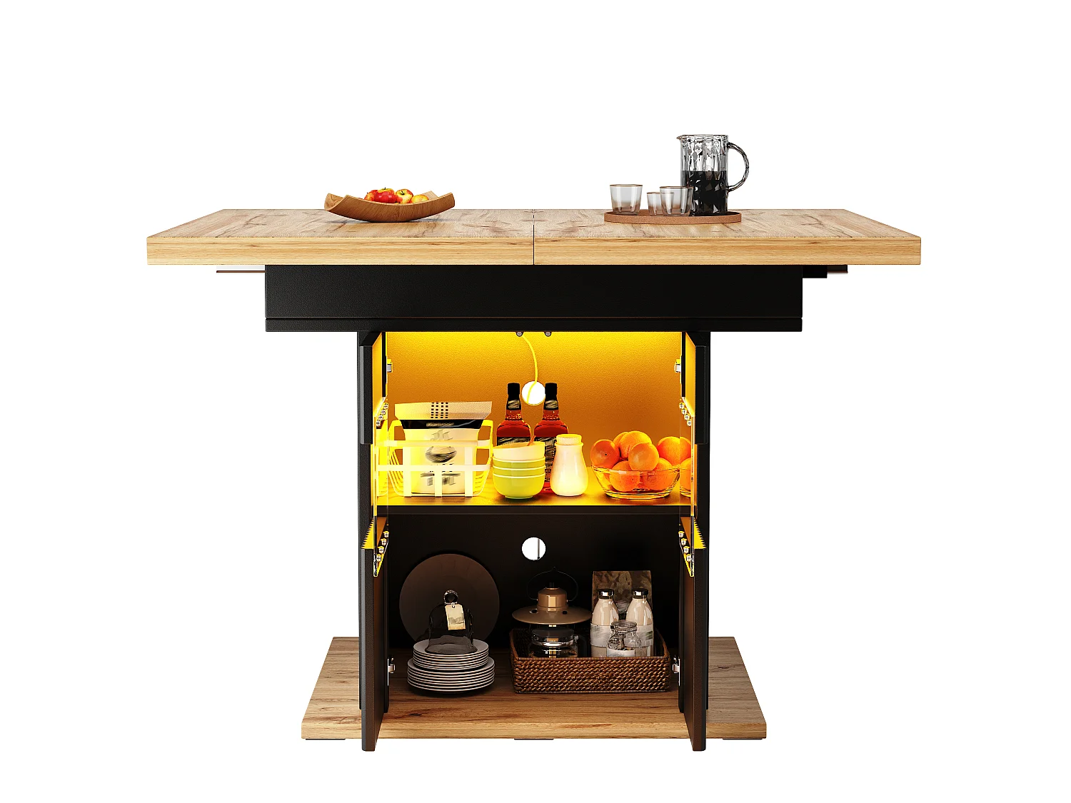 Table de Salle à Manger Extensible 110-140cm - Îlot de Cuisine avec Rangement, Éclairage LED Intégré, Design Cannelé, MDF - Noir & Bois