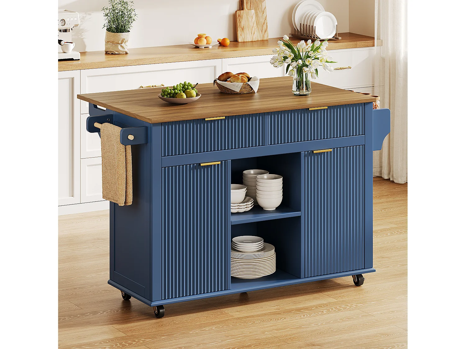 Isola centrale da cucina - tavolo da pranzo pieghevole - con 2 ante e 2 cassetti - portacondimenti e portasciugamani - Blu