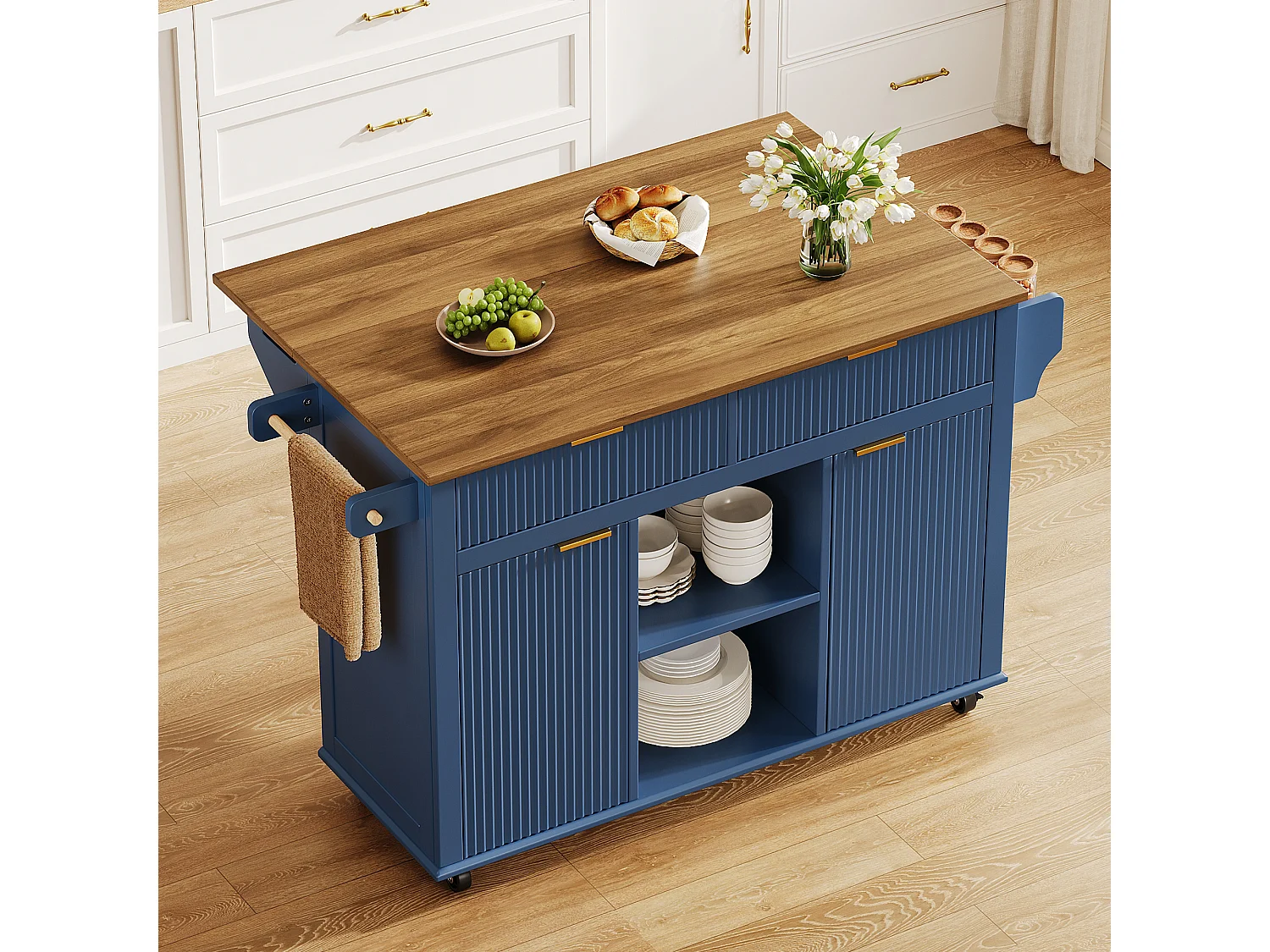 Isola centrale da cucina - tavolo da pranzo pieghevole - con 2 ante e 2 cassetti - portacondimenti e portasciugamani - Blu