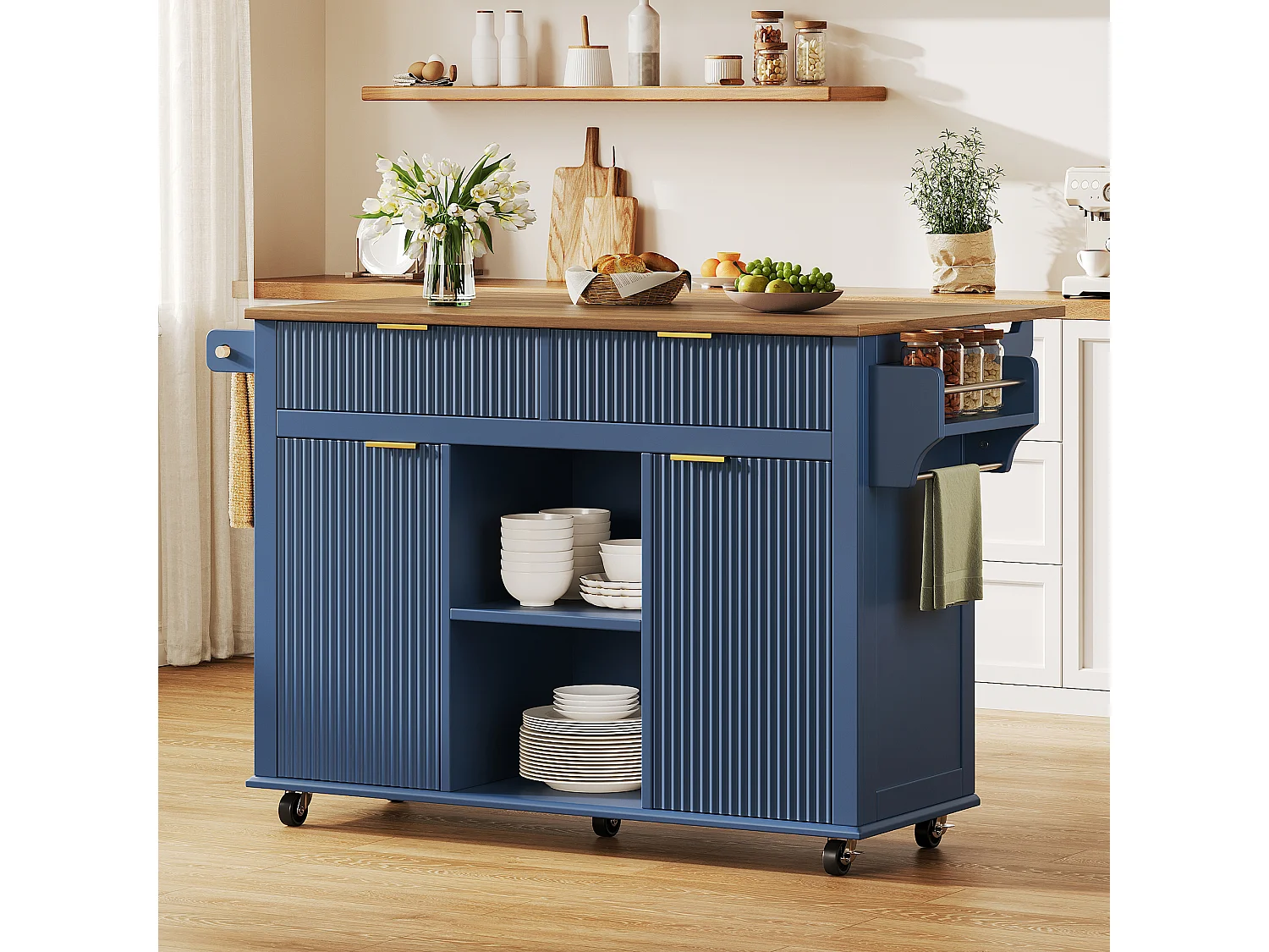 Isola centrale da cucina - tavolo da pranzo pieghevole - con 2 ante e 2 cassetti - portacondimenti e portasciugamani - Blu