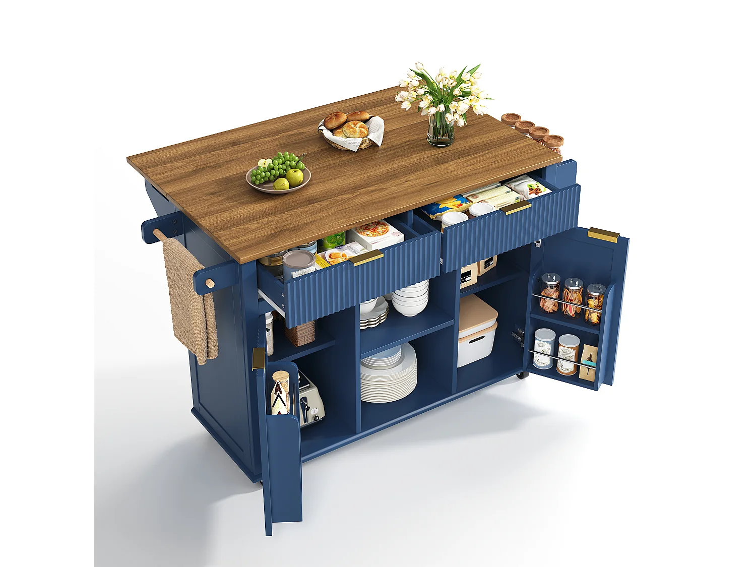 Isola centrale da cucina - tavolo da pranzo pieghevole - con 2 ante e 2 cassetti - portacondimenti e portasciugamani - Blu