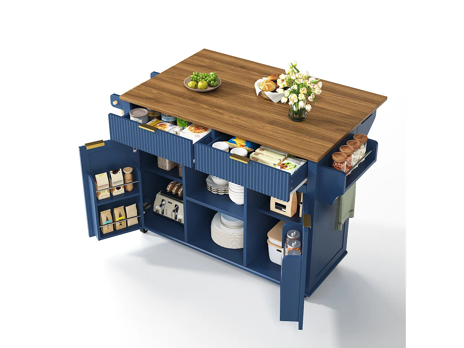 Isola centrale da cucina - tavolo da pranzo pieghevole - con 2 ante e 2 cassetti - portacondimenti e portasciugamani - Blu