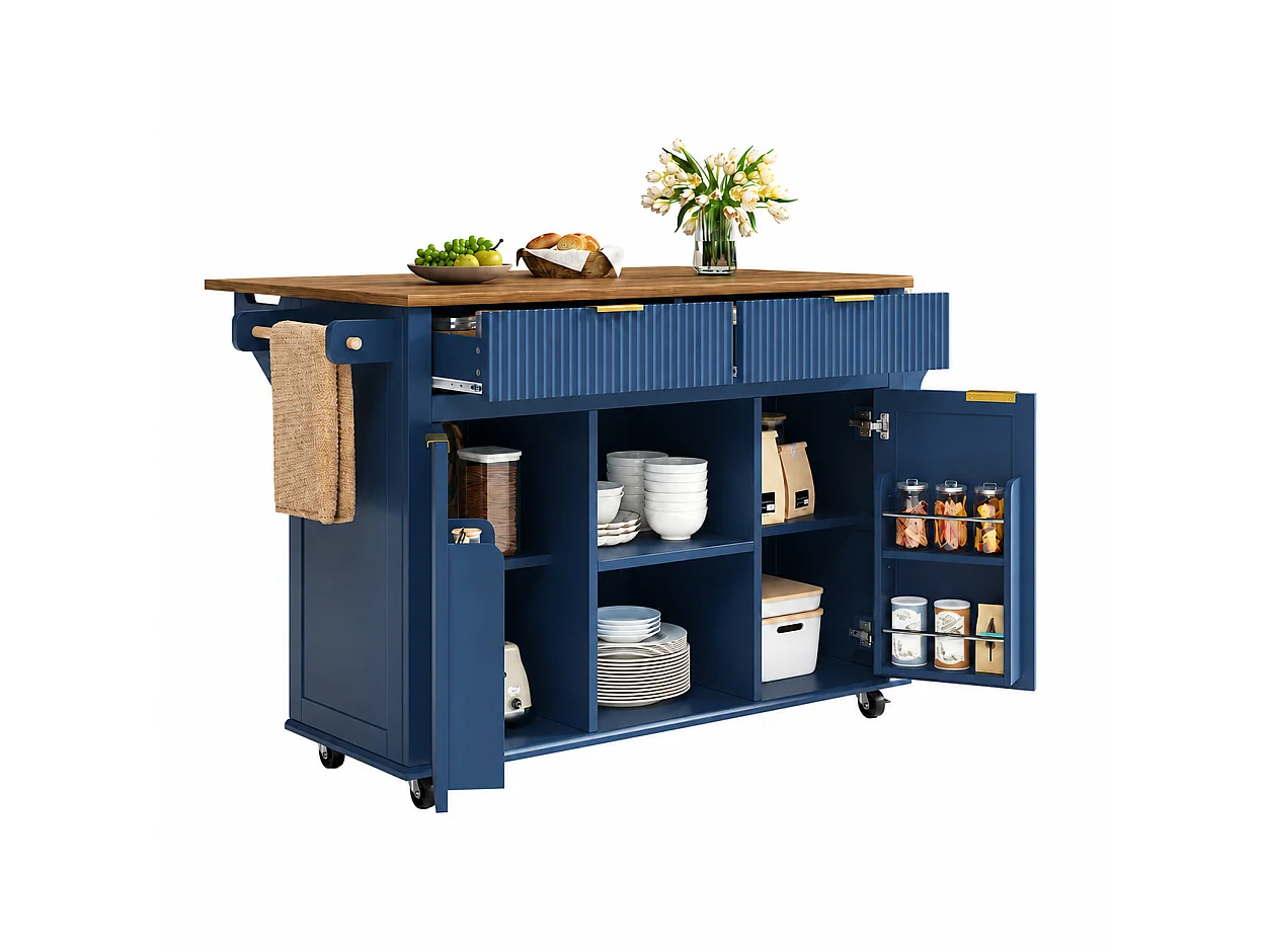 Isola centrale da cucina - tavolo da pranzo pieghevole - con 2 ante e 2 cassetti - portacondimenti e portasciugamani - Blu