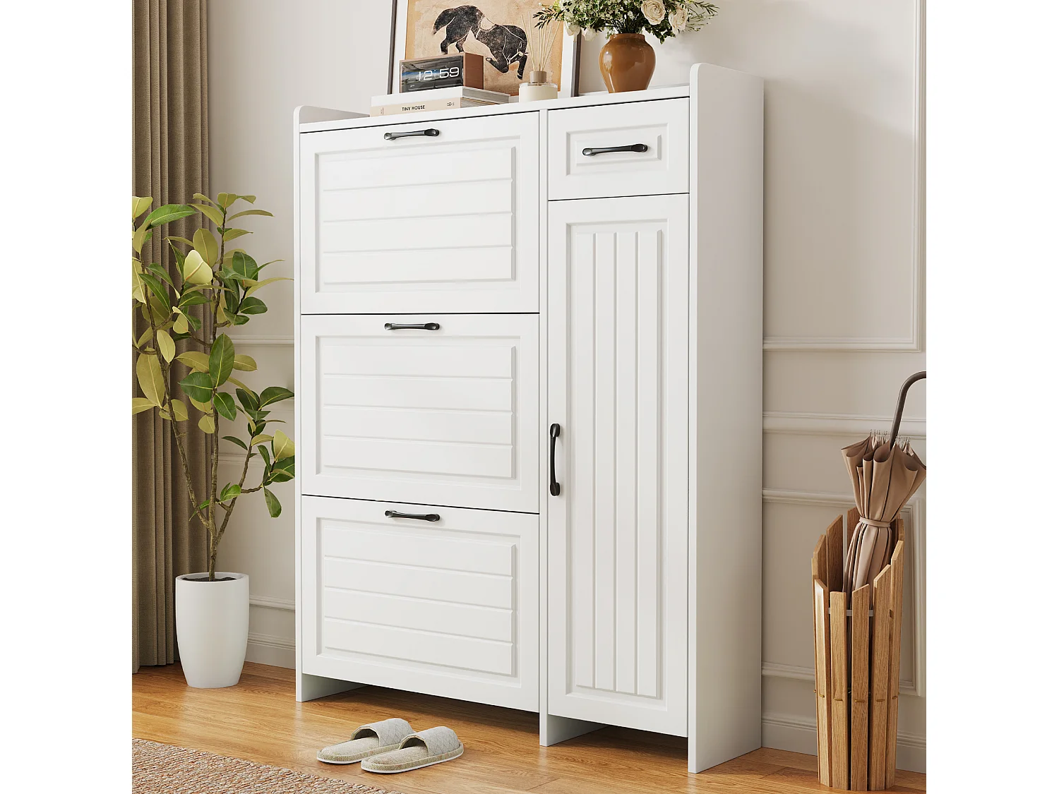 Modernt skoskåp 92x24x121cm - med 1 låda och 3 nedfällbara dörrar - öppna hyllor - Vit