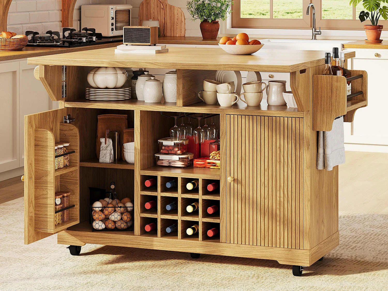Mobil & Klapbar Køkkenø 95cm - Serveringsvogn med Vinopbevaring, Justerbare Hylder, Udtrækkelig Arbejdsflade, Ergonomisk Højde - Naturlig