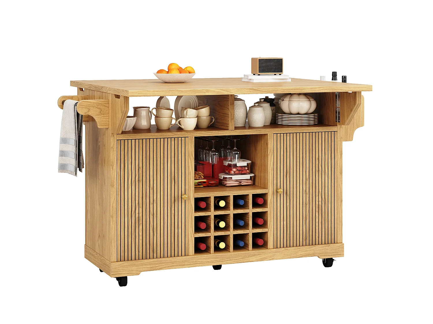 Mobil & Klapbar Køkkenø 95cm - Serveringsvogn med Vinopbevaring, Justerbare Hylder, Udtrækkelig Arbejdsflade, Ergonomisk Højde - Naturlig