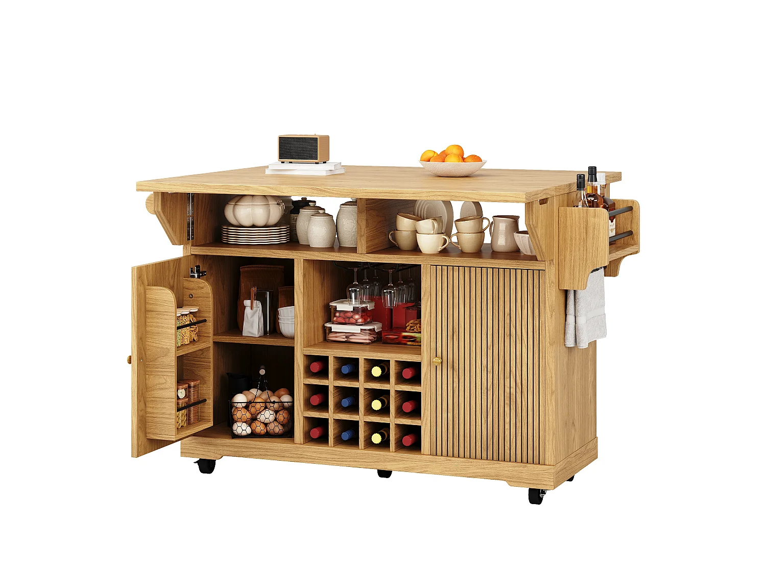 Mobil & Klapbar Køkkenø 95cm - Serveringsvogn med Vinopbevaring, Justerbare Hylder, Udtrækkelig Arbejdsflade, Ergonomisk Højde - Naturlig