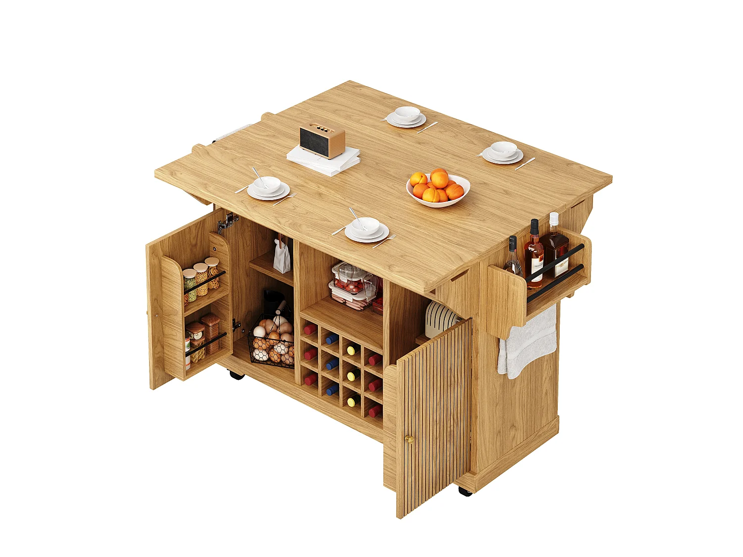Mobil & Klapbar Køkkenø 95cm - Serveringsvogn med Vinopbevaring, Justerbare Hylder, Udtrækkelig Arbejdsflade, Ergonomisk Højde - Naturlig