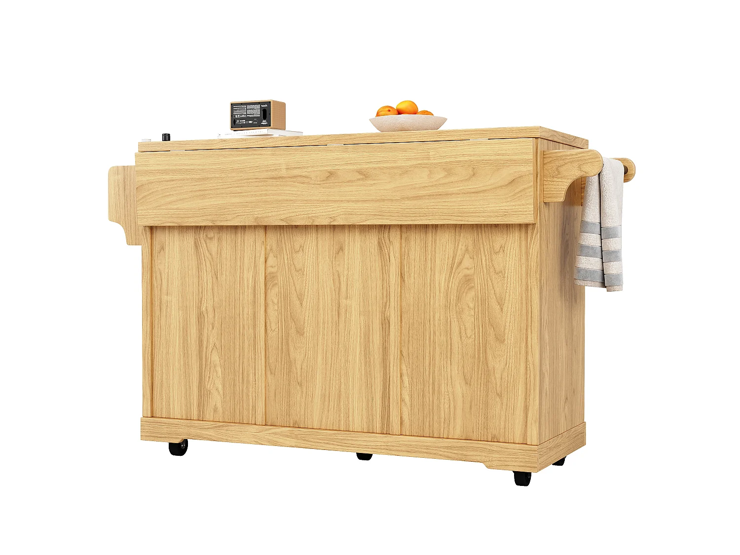 Mobil & Klapbar Køkkenø 95cm - Serveringsvogn med Vinopbevaring, Justerbare Hylder, Udtrækkelig Arbejdsflade, Ergonomisk Højde - Naturlig