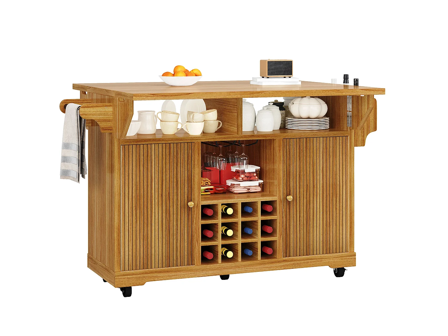 Mobil & Klapbar Køkkenø 95cm - Serveringsvogn med Vinopbevaring, Justerbare Hylder, Udtrækkelig Arbejdsplade, Ergonomisk Højde - Mørk Brun
