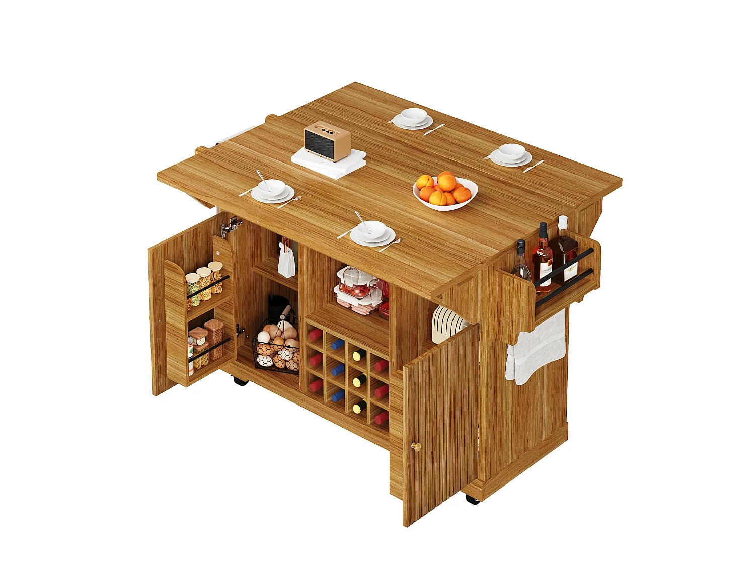 Mobil & Klapbar Køkkenø 95cm - Serveringsvogn med Vinopbevaring, Justerbare Hylder, Udtrækkelig Arbejdsplade, Ergonomisk Højde - Mørk Brun