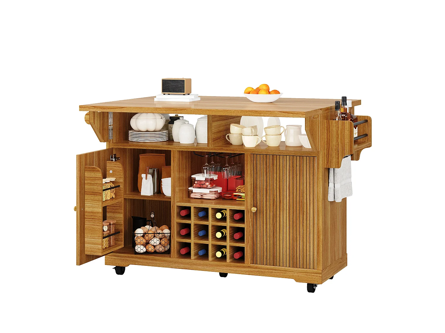 Mobil & Klapbar Køkkenø 95cm - Serveringsvogn med Vinopbevaring, Justerbare Hylder, Udtrækkelig Arbejdsplade, Ergonomisk Højde - Mørk Brun
