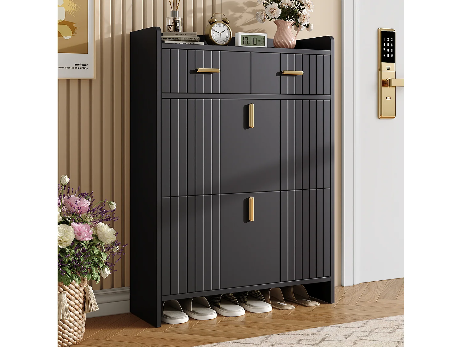Meuble à chaussures moderne 75x24x109.5cm - avec 2 tiroirs et 2 portes abattantes - étagères ouvertes - Noir