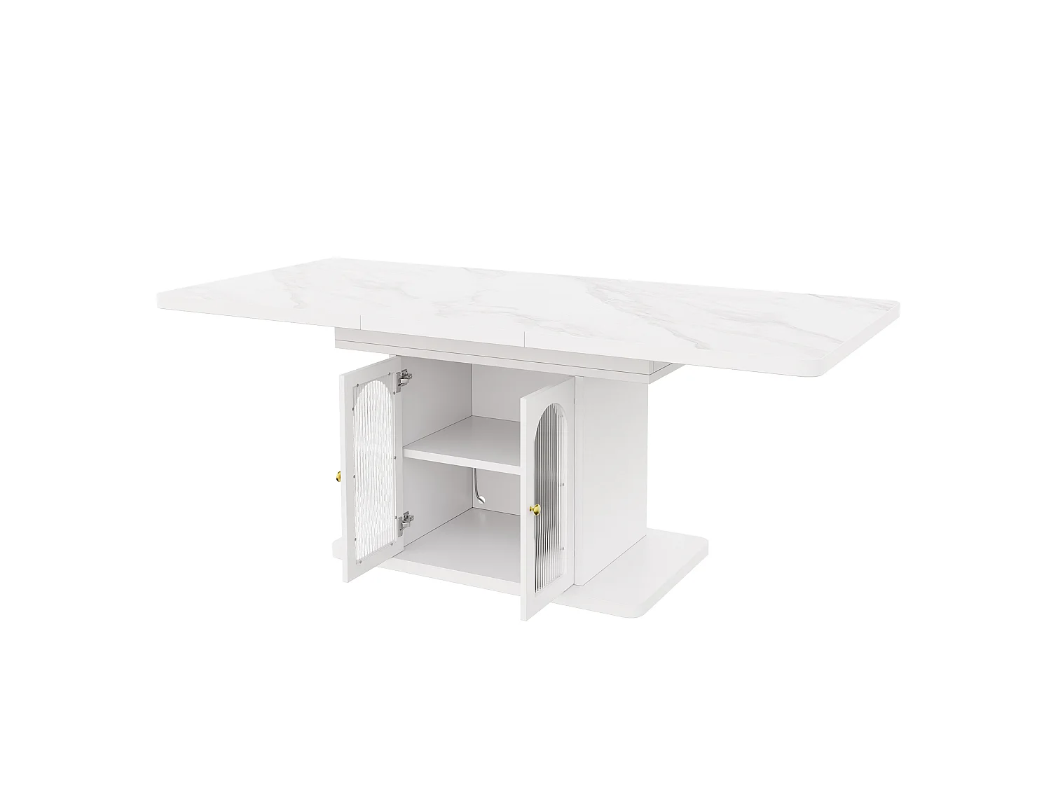 Table à manger extensible 150/200 x 80 cm - 6 à 8 personnes - LED et 2 portes - Plateau effet marbre - MDF - Blanc