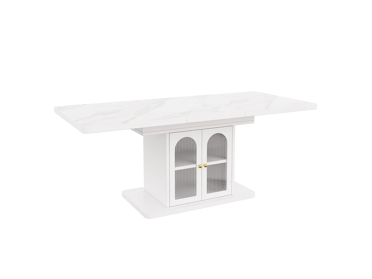 Table à manger extensible 150/200 x 80 cm - 6 à 8 personnes - LED et 2 portes - Plateau effet marbre - MDF - Blanc
