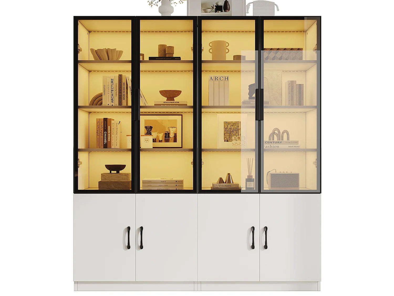 Vitrine en verre 120×40×160 cm - Éclairage LED - Avec 8 portes - Structure en aluminium - Panneaux de particules - Blanc