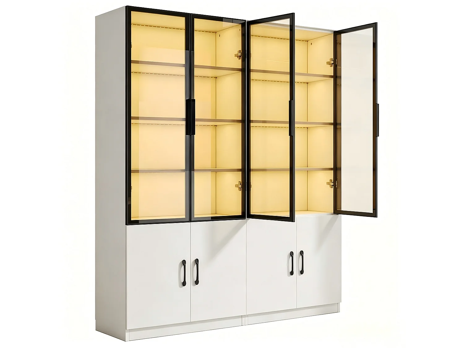 Vitrine en verre 120×40×160 cm - Éclairage LED - Avec 8 portes - Structure en aluminium - Panneaux de particules - Blanc
